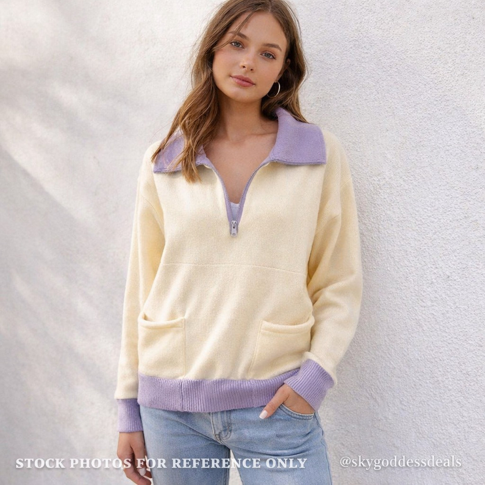 Papermoon Women M Pastel Half Zip Coquette Sweater Lavender Cream NWT